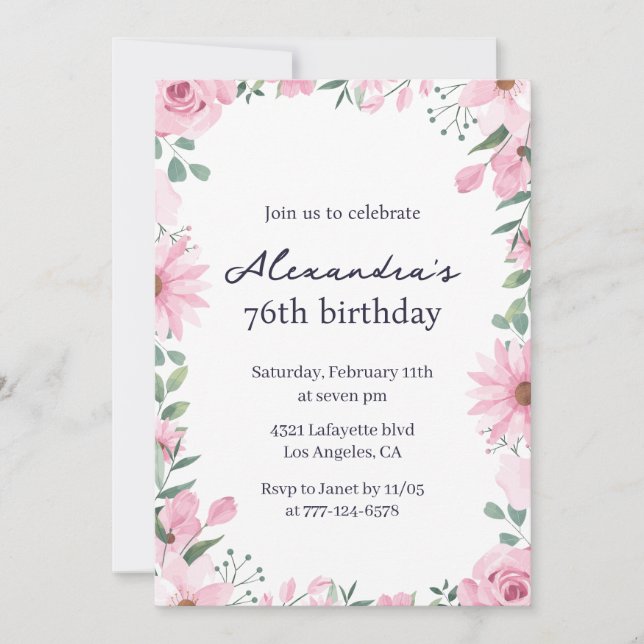 Pink Floral Frame 76th birthday invitations  (Front)
