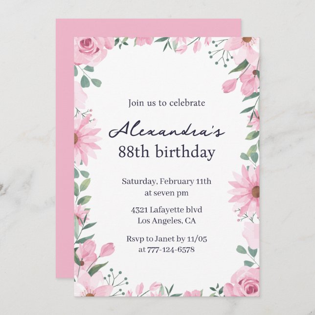 Pink Floral Frame 88th birthday Invitation (Front/Back)