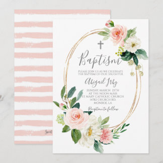 Pink Floral Frame Baptism Invitation