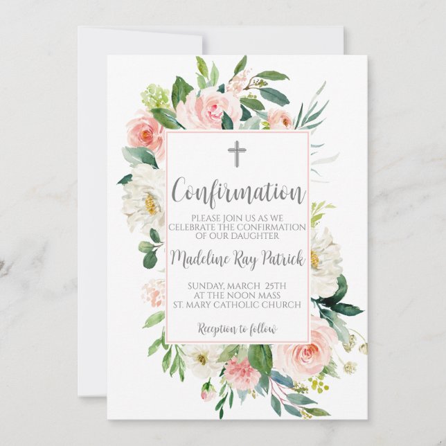 Pink Floral Frame Confirmation  Invitation (Front)