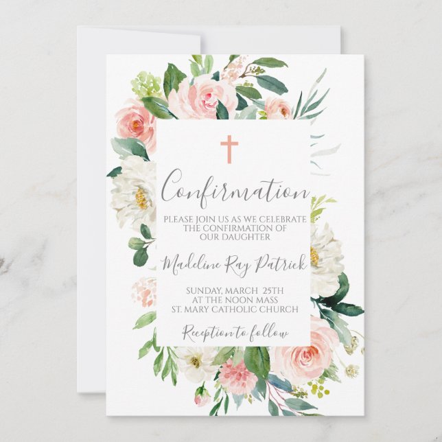 Pink Floral Frame Confirmation  Invitation (Front)