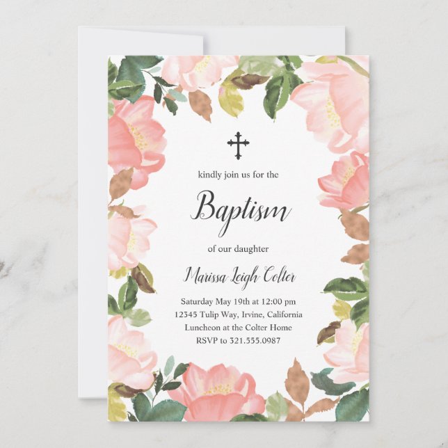 Pink Floral Frame Elegant Baptism Invitation (Front)