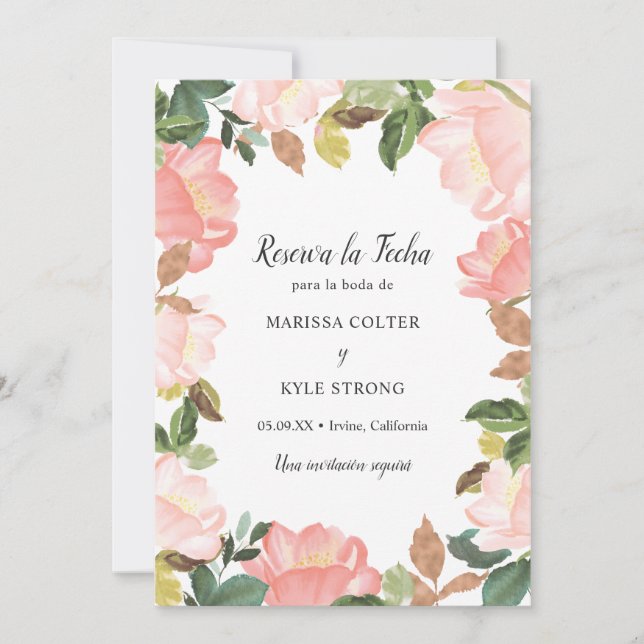 Pink Floral Frame Elegant Spanish Wedding Save The Date (Front)