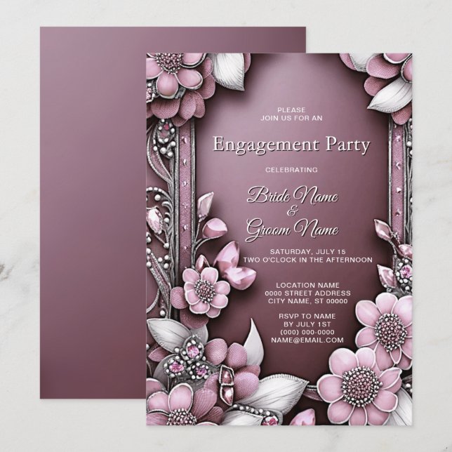 Pink Floral Frame Engagement Invitation (Front/Back)