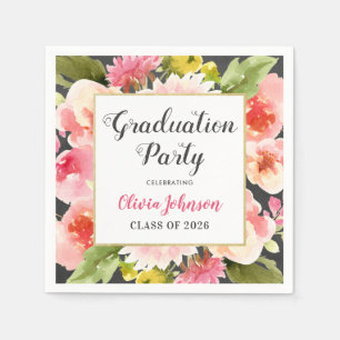 Pink Floral Frame Graduation Party Napkin