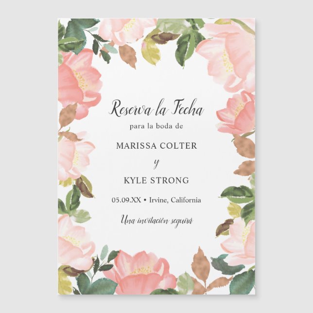 Pink Floral Frame Spanish Wedding Save the Date Magnetic Invitation (Front)