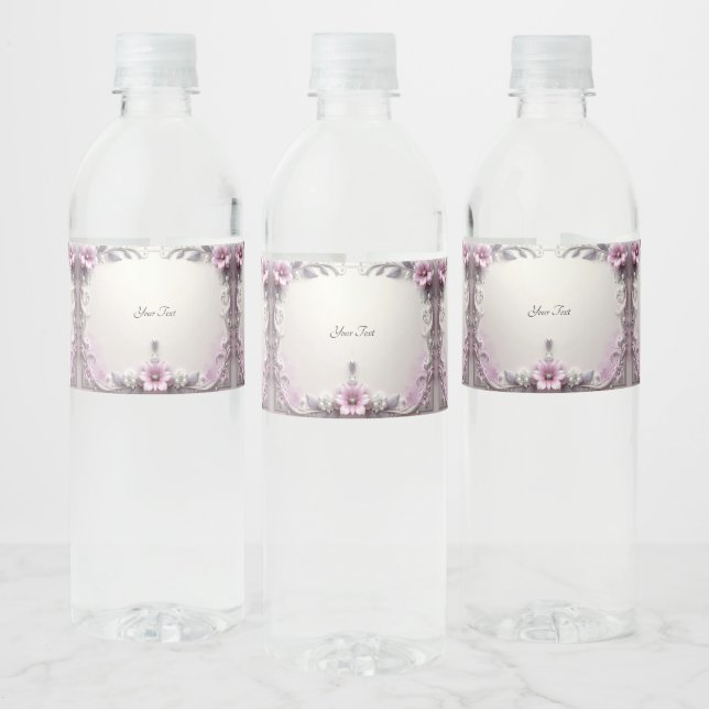 Pink Floral Frame Water Bottle Label (Bottles)