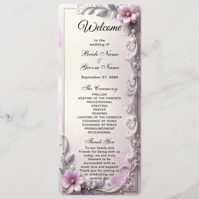 Pink Floral Frame Wedding  Program (Front)