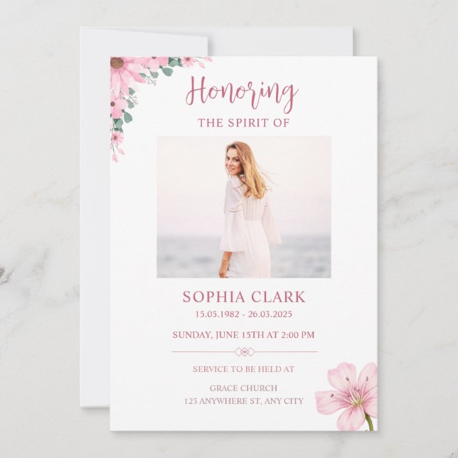 Pink Floral Funeral Invitation Celebration of Life (Devant)