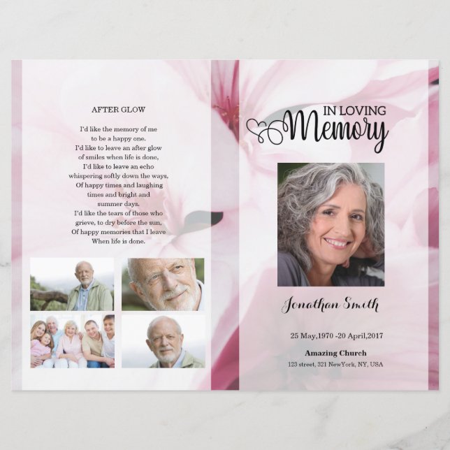 Pink floral Funeral Program template (Front)