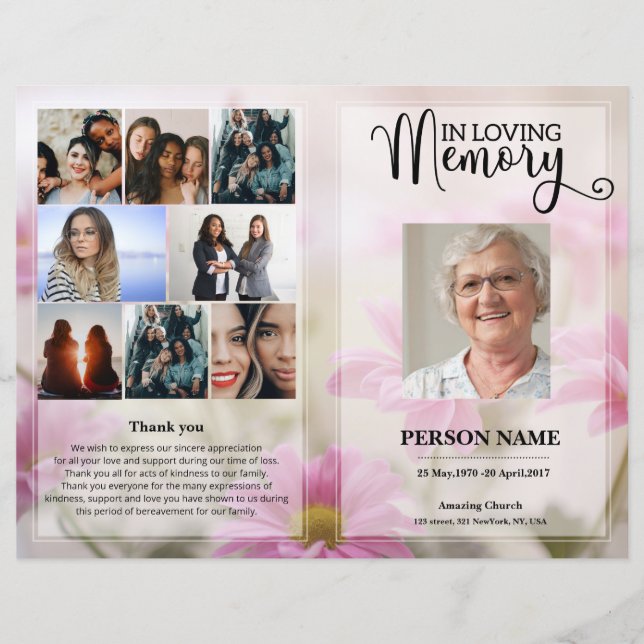 Pink Floral Funeral Program template (Front)