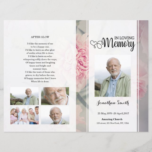 pink floral Funeral Program template (Front)