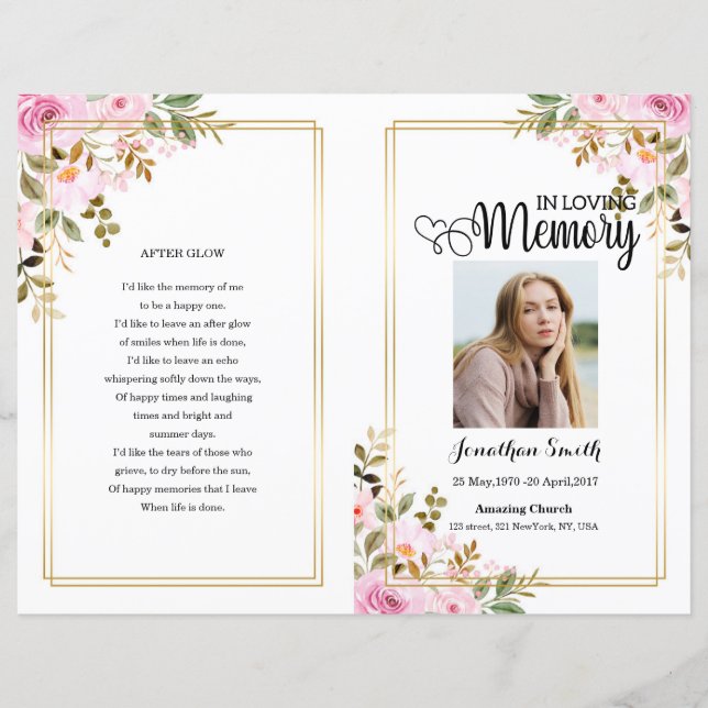 Pink floral Funeral Program template (Front)