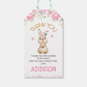 Pink Floral Furry Bunny Birthday Thank You Gift Tags