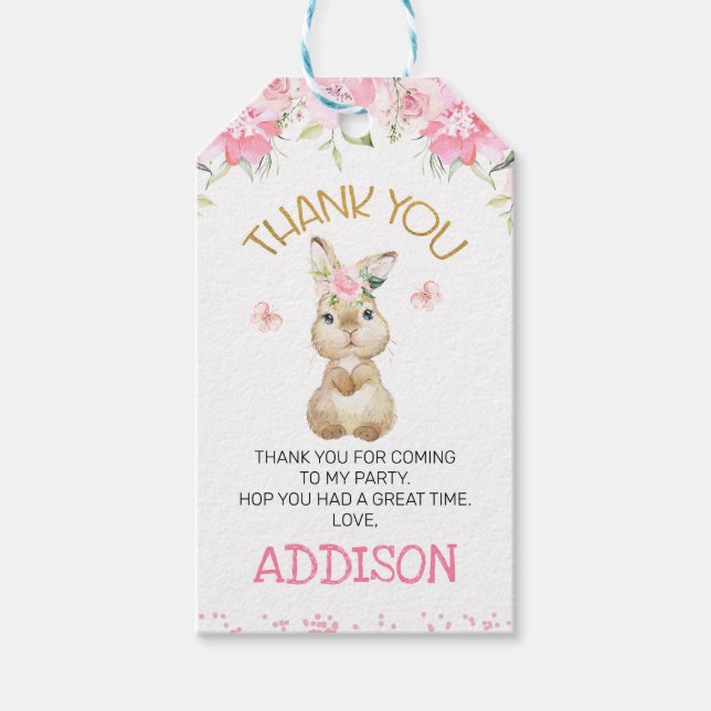 Pink Floral Furry Bunny Birthday Thank You Gift Tags (Front)
