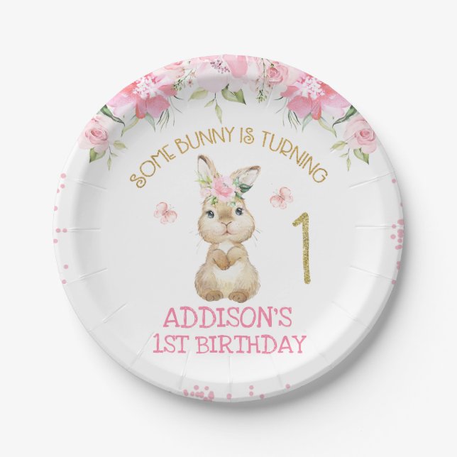 Pink Floral Furry Bunny Gold One First Birthday Paper Plate (Front)