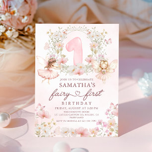 Pink Floral Garden Fairy First Birthday Invitation