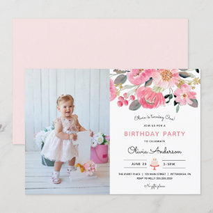 Pink Floral Garden Girl Photo Birthday Invitation