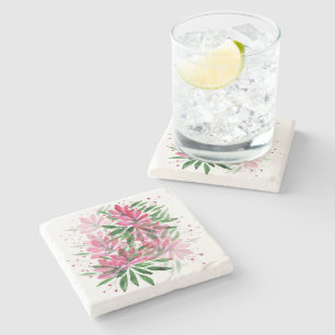 Pink Floral Garden Watercolor Art Stone Coaster