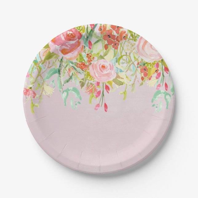 Pink Floral Garden Watercolor Paper Plate