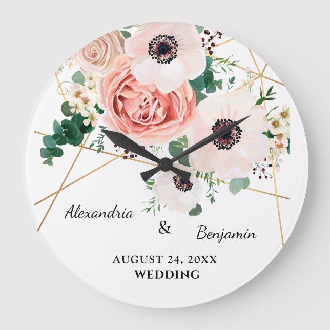 Pink Floral Garden Wedding Anniversary Personalize Large Clock (Front)