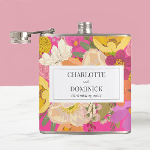 Pink Floral Garden Wedding Couples Names Hip Flask