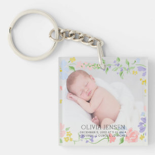 Pink Floral Garland Baby name Script birth stats Keychain