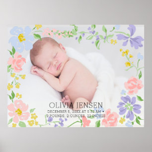 Pink Floral Garland Baby name Script birth stats  Poster