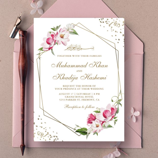 Pink Floral Geometric Gold Frame Islamic Wedding Invitation (Creator Uploaded)