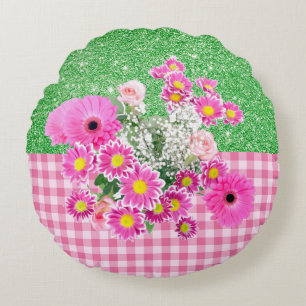 Pink Floral & Gingham Apple Green Faux Glitter Round Pillow