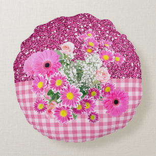 Pink Floral & Gingham Faux Glitter Round Pillow