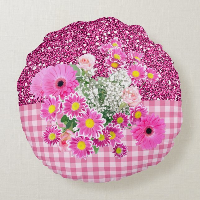 Pink Floral & Gingham Faux Glitter Round Pillow (Back)