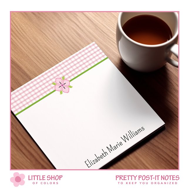 Pink Floral Gingham Pattern Personalized Post-it Notes (Creator Uploaded)