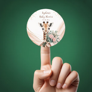 Pink Floral Giraffe Safari Baby Shower Favor Stick Classic Round Sticker