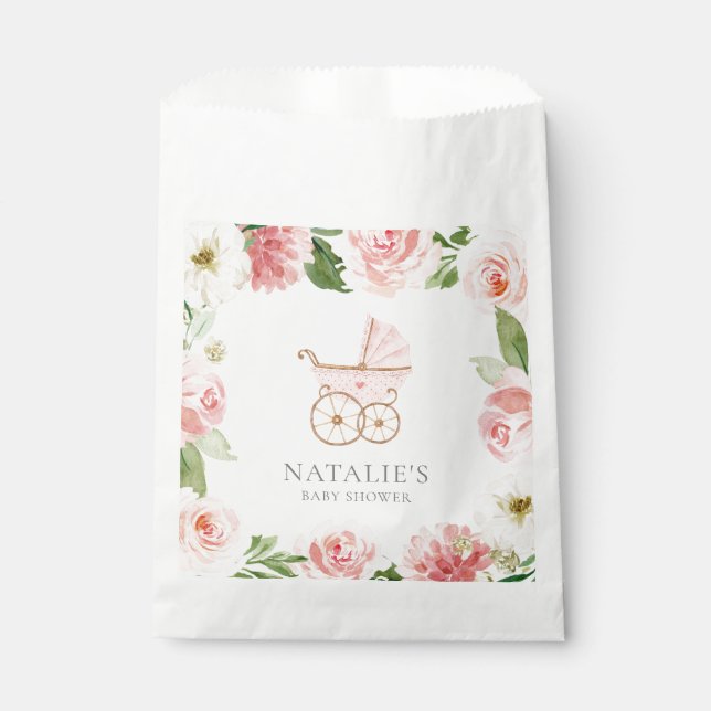 Pink Floral Girl Baby Shower Paper Favour Bag (Front)