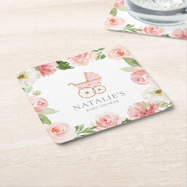 Pink Floral Girl Baby Shower Square Paper Coaster (Angled)