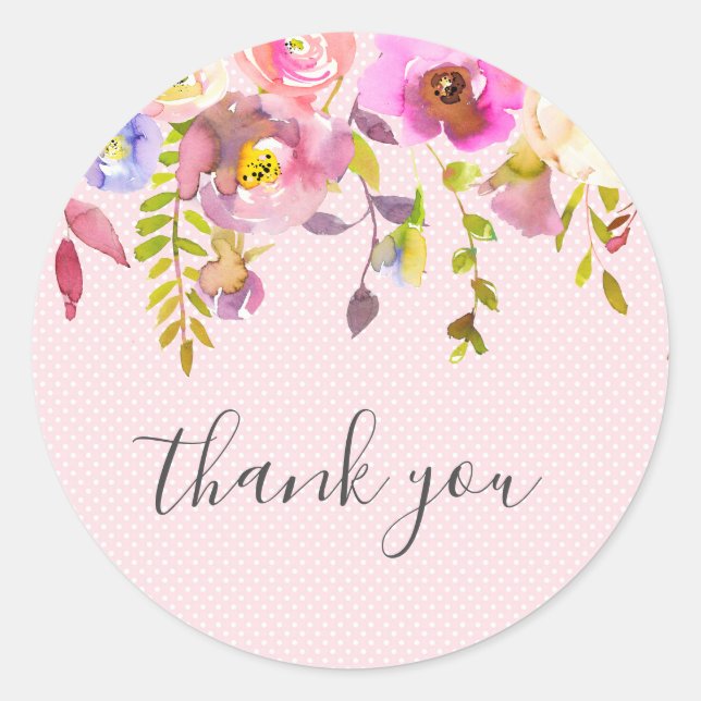Pink floral girl baby shower thank you favour classic round sticker (Front)
