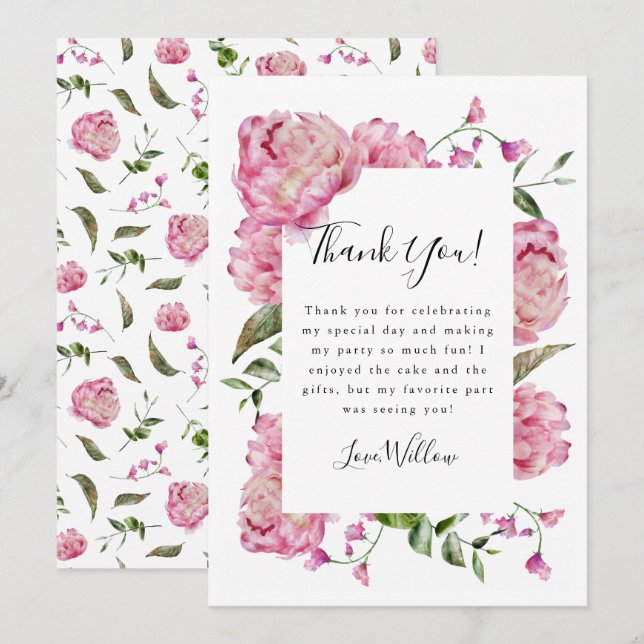 Pink Floral Girl Birthday Party   Thank You Card (Front/Back)