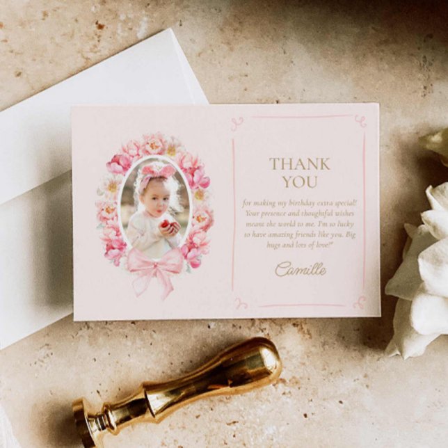 Pink Floral Girl Birthday Photo Thank You Card (Pink Floral Birthday Photo thank you card)