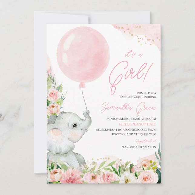  Pink Floral Girl Elephant Baby Shower Invitation (Front)