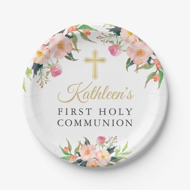 Pink Floral Girl First Holy Communion Paper Plate (Front)