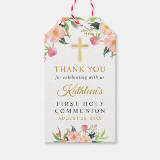 Pink Floral Girl First Holy Communion Thank You Gift Tags