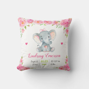 Pink Floral Girl Nursery Baby Shower Gift Elephant Throw Pillow