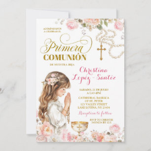 Pink Floral Girl Rosary Primera Comunion Invitacio Invitation