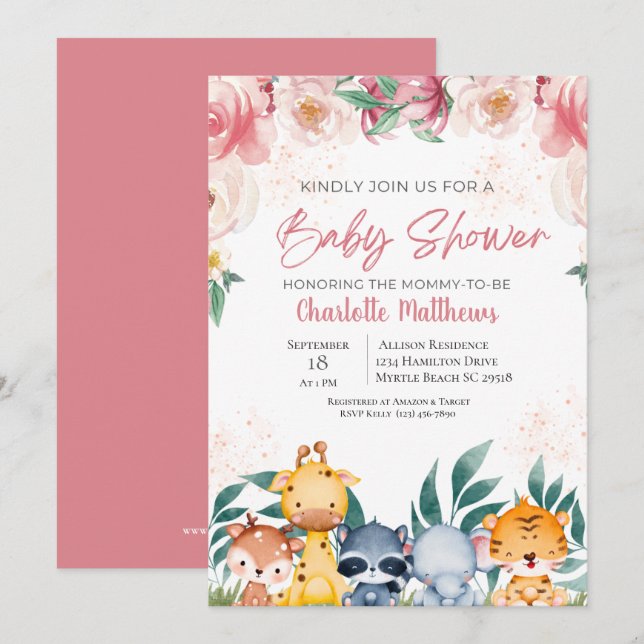 Pink Floral Girl Safari Jungle Animals Baby Shower Invitation (Front/Back)