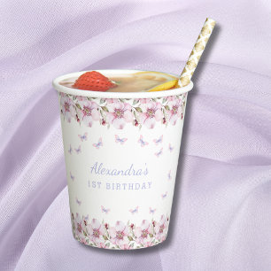 Pink Floral Girl Whimsical Butterfly 1st Birthday Paper Cups