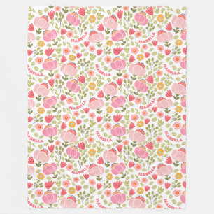 Pink Floral Girls Name Fleece Blanket