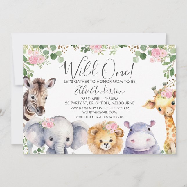 Pink Floral Girls Safari Baby shower Invitation (Devant)