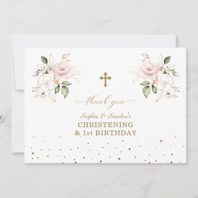 Pink Floral Girls Twins 1st Birthday Christening  Thank You Card (Front)