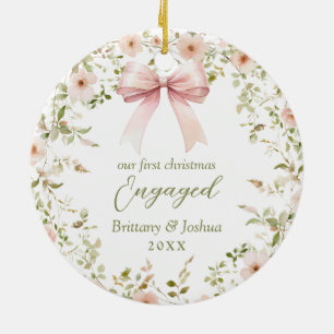 Pink Floral Girly Coquette 1st Christmas Engaged Ceramic Ornament